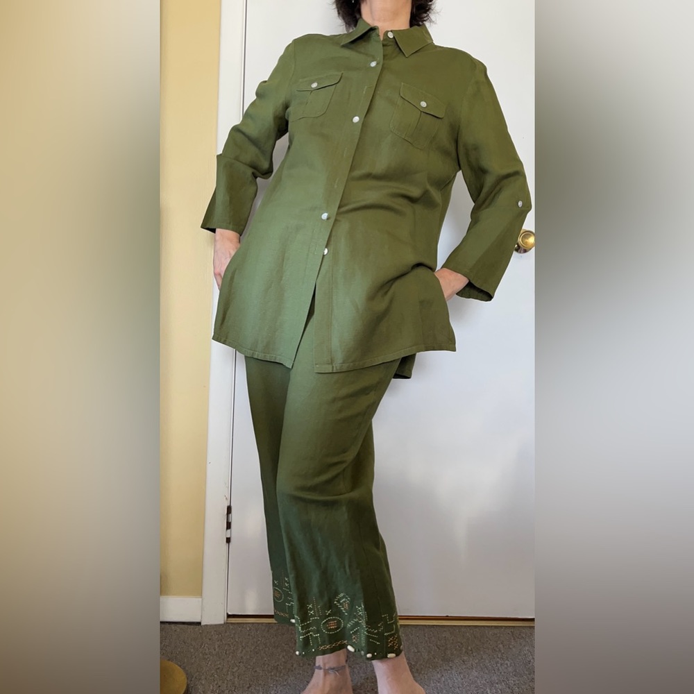 Casual classy army green linen set